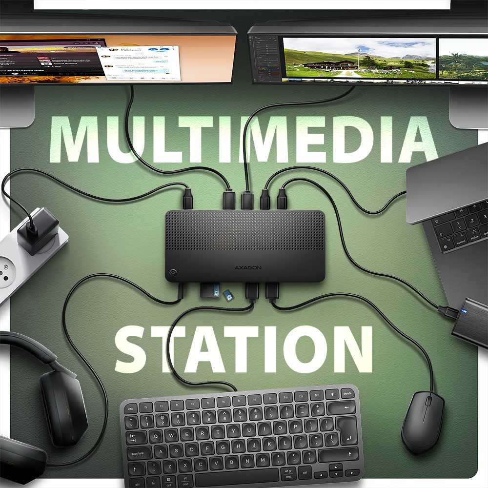 Axagon HMC-U4 Wieloportowy šakotuvas USB 12in1, USB 4.0 40Gbps, 3x USB-A, 2x USB-C, Glan, HDMI 8k, DP 8k, PD 100W, HQ Audio 24bit, UHS II SD/MicroSD, 80cm USB-C KA
