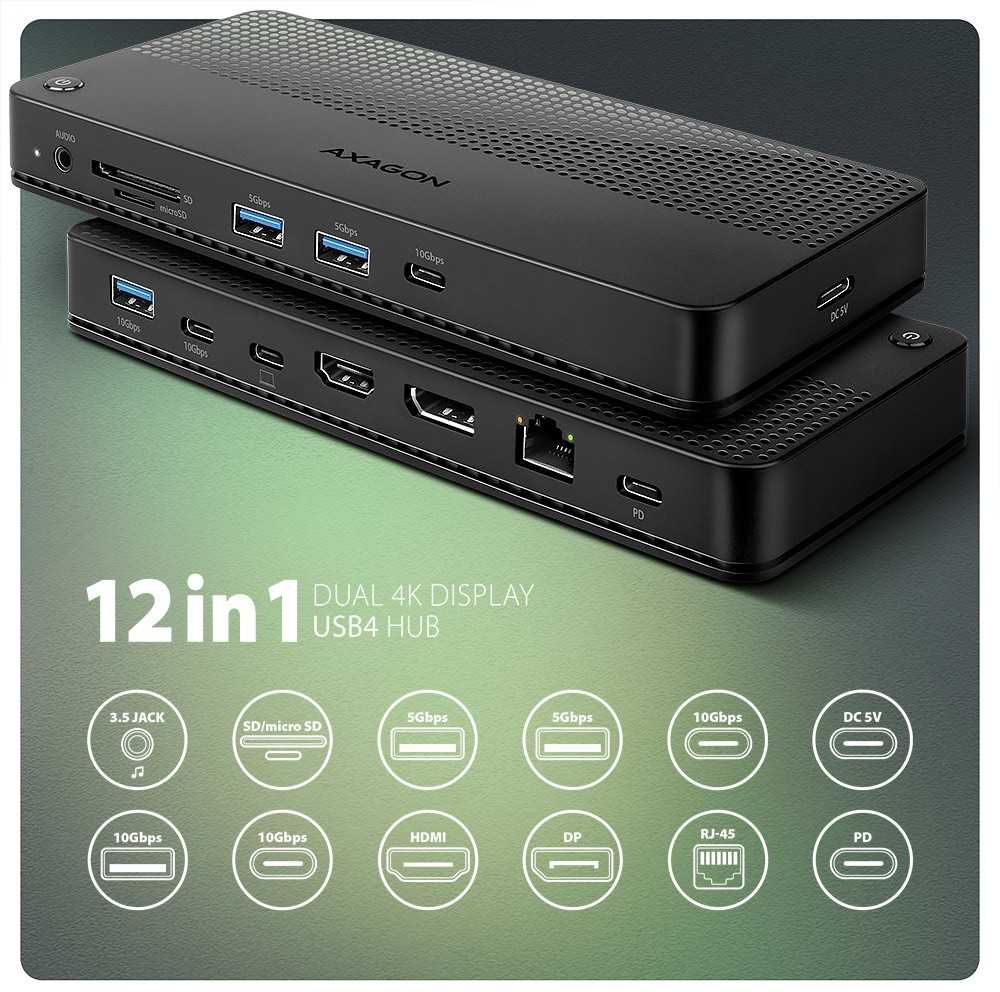 Axagon HMC-U4 Wieloportowy šakotuvas USB 12in1, USB 4.0 40Gbps, 3x USB-A, 2x USB-C, Glan, HDMI 8k, DP 8k, PD 100W, HQ Audio 24bit, UHS II SD/MicroSD, 80cm USB-C KA