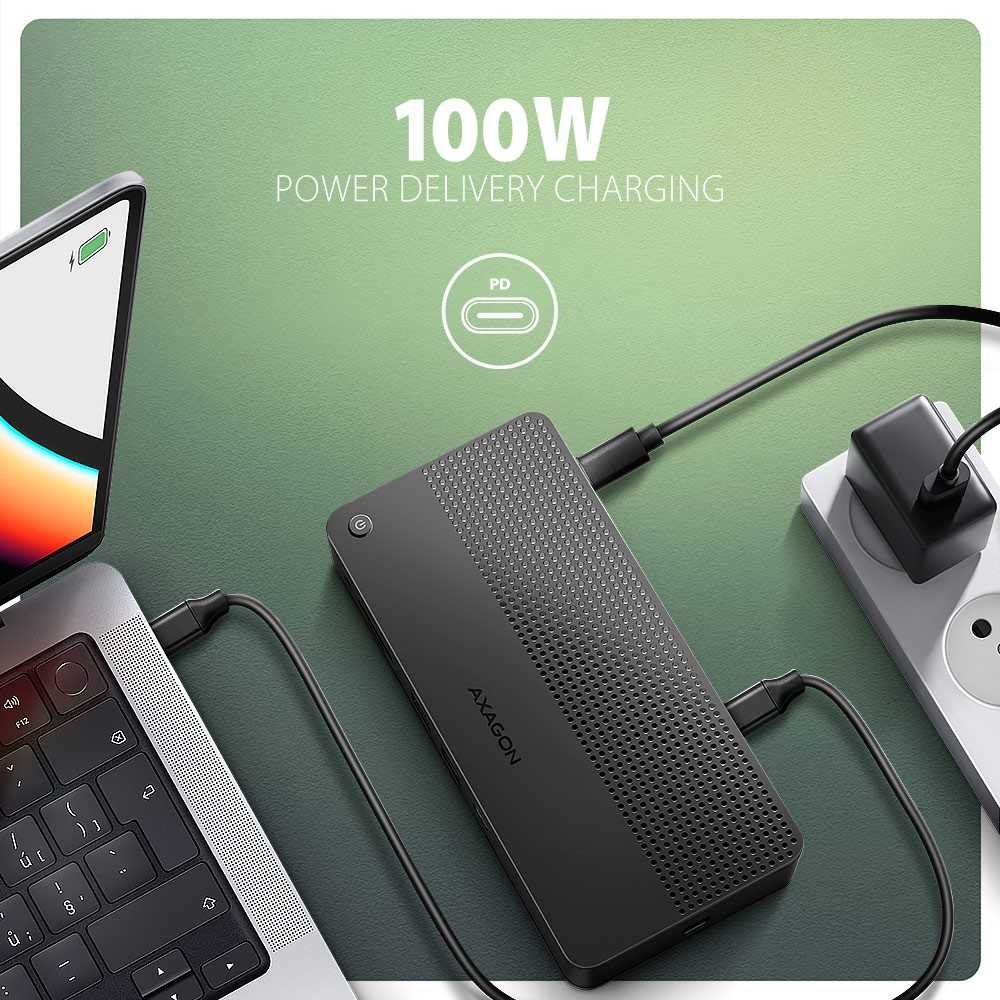 Axagon HMC-U4 Wieloportowy šakotuvas USB 12in1, USB 4.0 40Gbps, 3x USB-A, 2x USB-C, Glan, HDMI 8k, DP 8k, PD 100W, HQ Audio 24bit, UHS II SD/MicroSD, 80cm USB-C KA