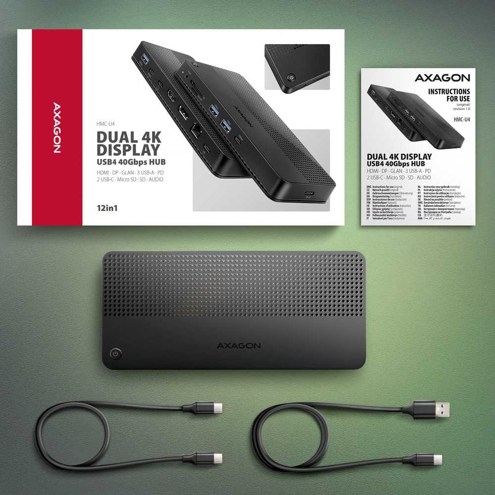 Axagon HMC-U4 Wieloportowy šakotuvas USB 12in1, USB 4.0 40Gbps, 3x USB-A, 2x USB-C, Glan, HDMI 8k, DP 8k, PD 100W, HQ Audio 24bit, UHS II SD/MicroSD, 80cm USB-C KA