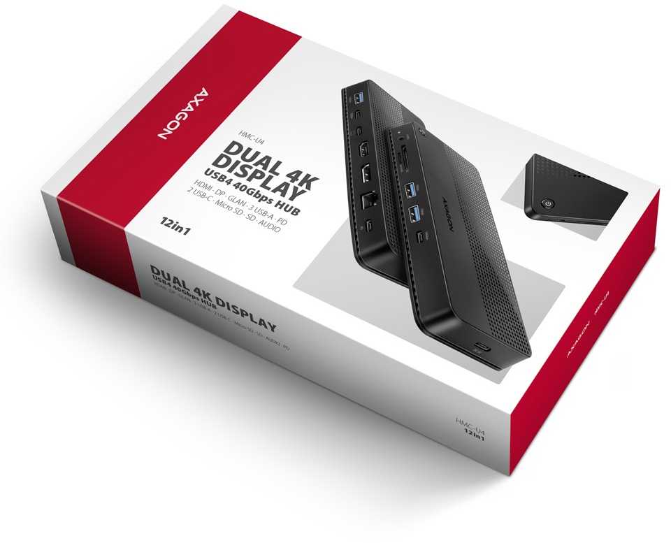 Axagon HMC-U4 Wieloportowy šakotuvas USB 12in1, USB 4.0 40Gbps, 3x USB-A, 2x USB-C, Glan, HDMI 8k, DP 8k, PD 100W, HQ Audio 24bit, UHS II SD/MicroSD, 80cm USB-C KA