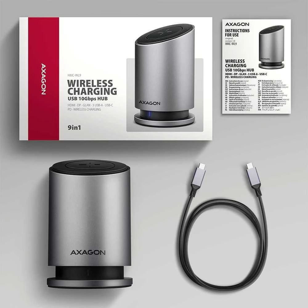 „AXAGON USB-C 10Gbps“ belaidis įkrovimo 9in1 šakotuvas | HMC-WL9