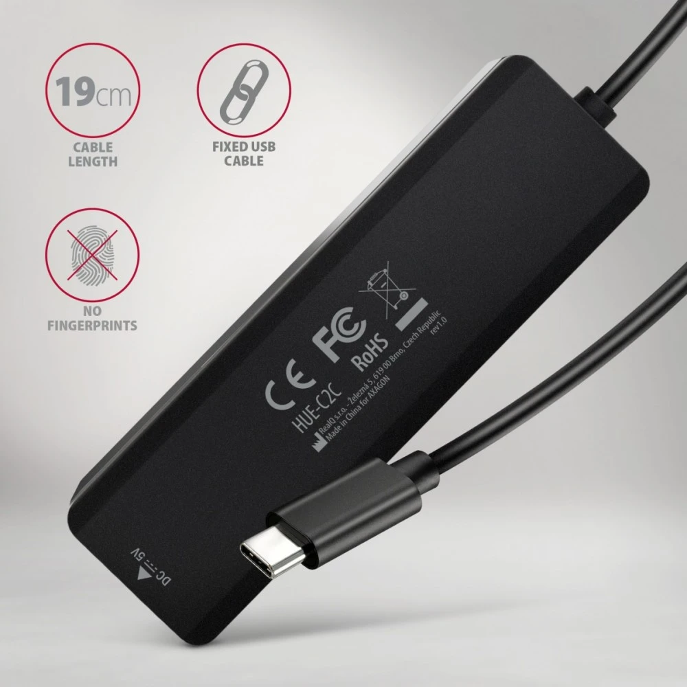 „AXAGON HUE-C2C“ 2x USB3.2 Gen 1 + 2x USB-C 5Gbps kelioninis šakotuvas, USB-C maitinimo įvestis, su 19 cm C tipo laidu