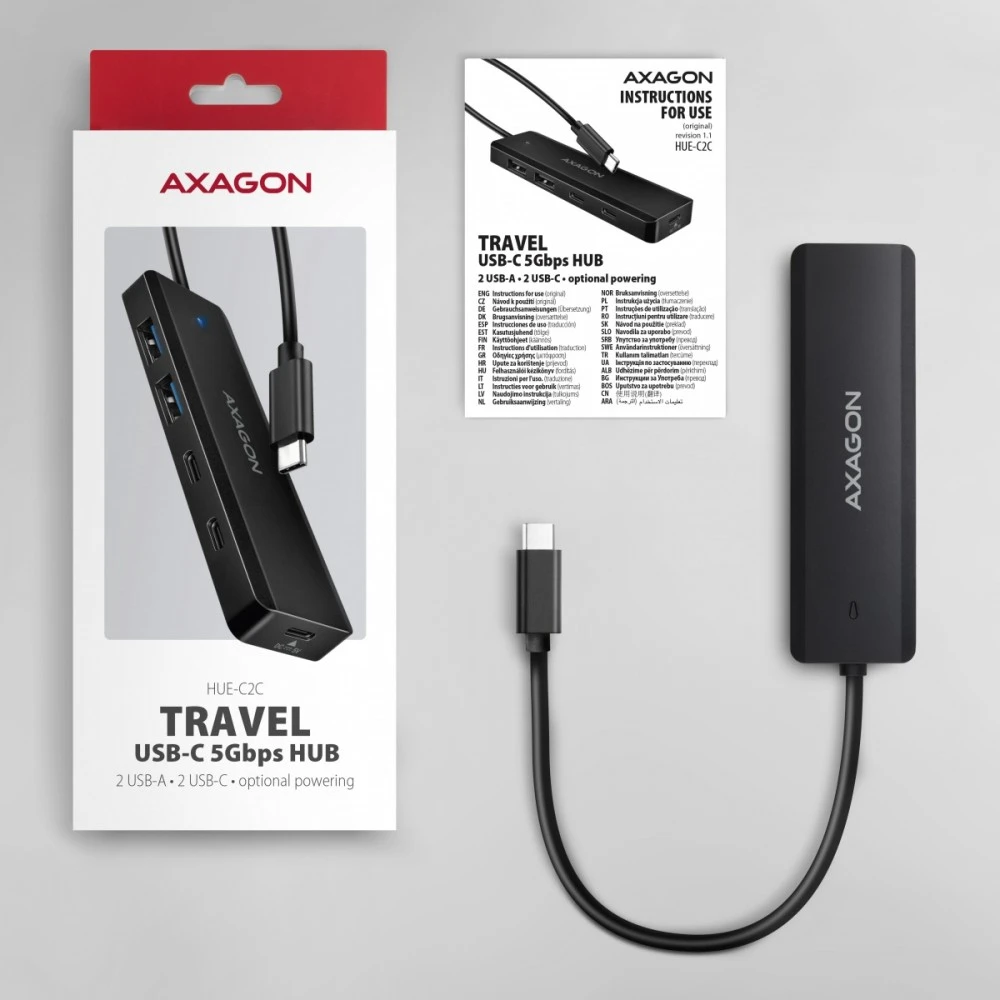 „AXAGON HUE-C2C“ 2x USB3.2 Gen 1 + 2x USB-C 5Gbps kelioninis šakotuvas, USB-C maitinimo įvestis, su 19 cm C tipo laidu