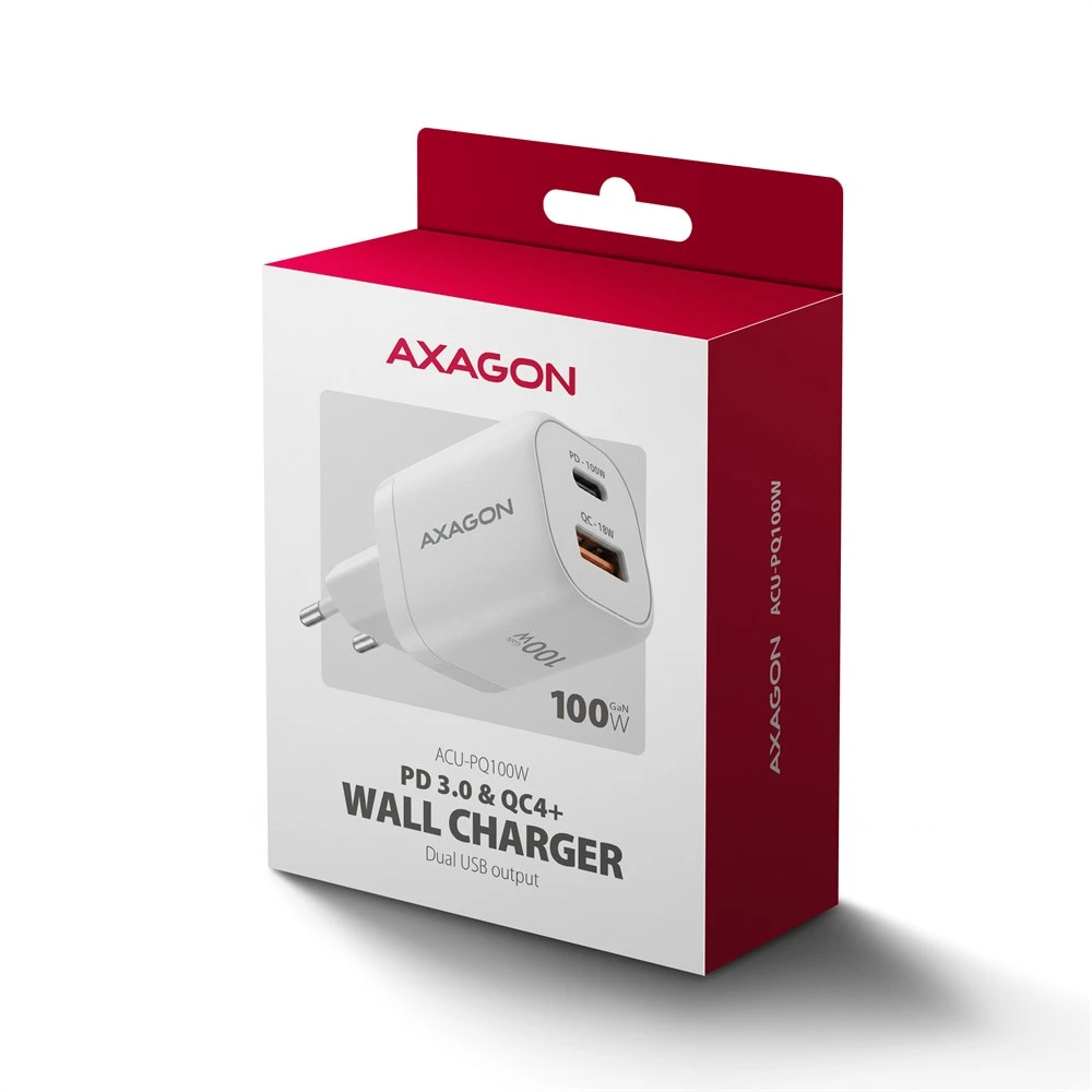 AXAGON ACU-PQ100W, GaN tinklo įkroviklis 100 W, USB-A + USB-C, PD3.0/PPS/QC4+/SFC2.0/Apple, balta