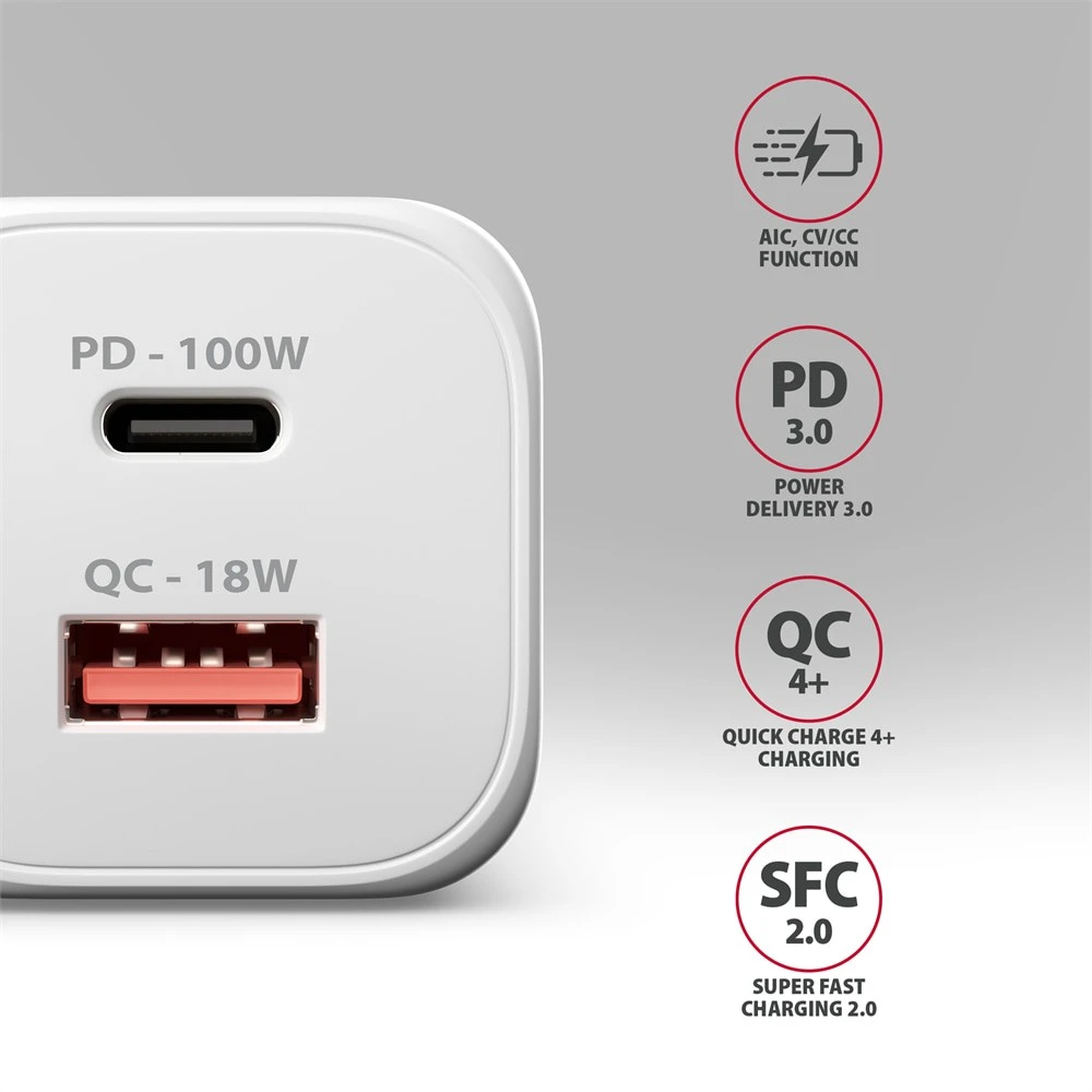 AXAGON ACU-PQ100W, GaN tinklo įkroviklis 100 W, USB-A + USB-C, PD3.0/PPS/QC4+/SFC2.0/Apple, balta