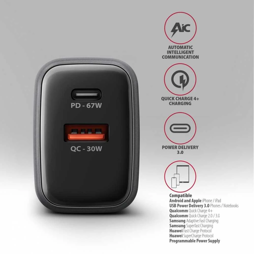 AXAGON sieninis įkroviklis 67 W, 2 prievadai (USB-A + USB-C) PD3.0/PPS/QC4+/SFC 2.0/Apple | ACU-PQ67