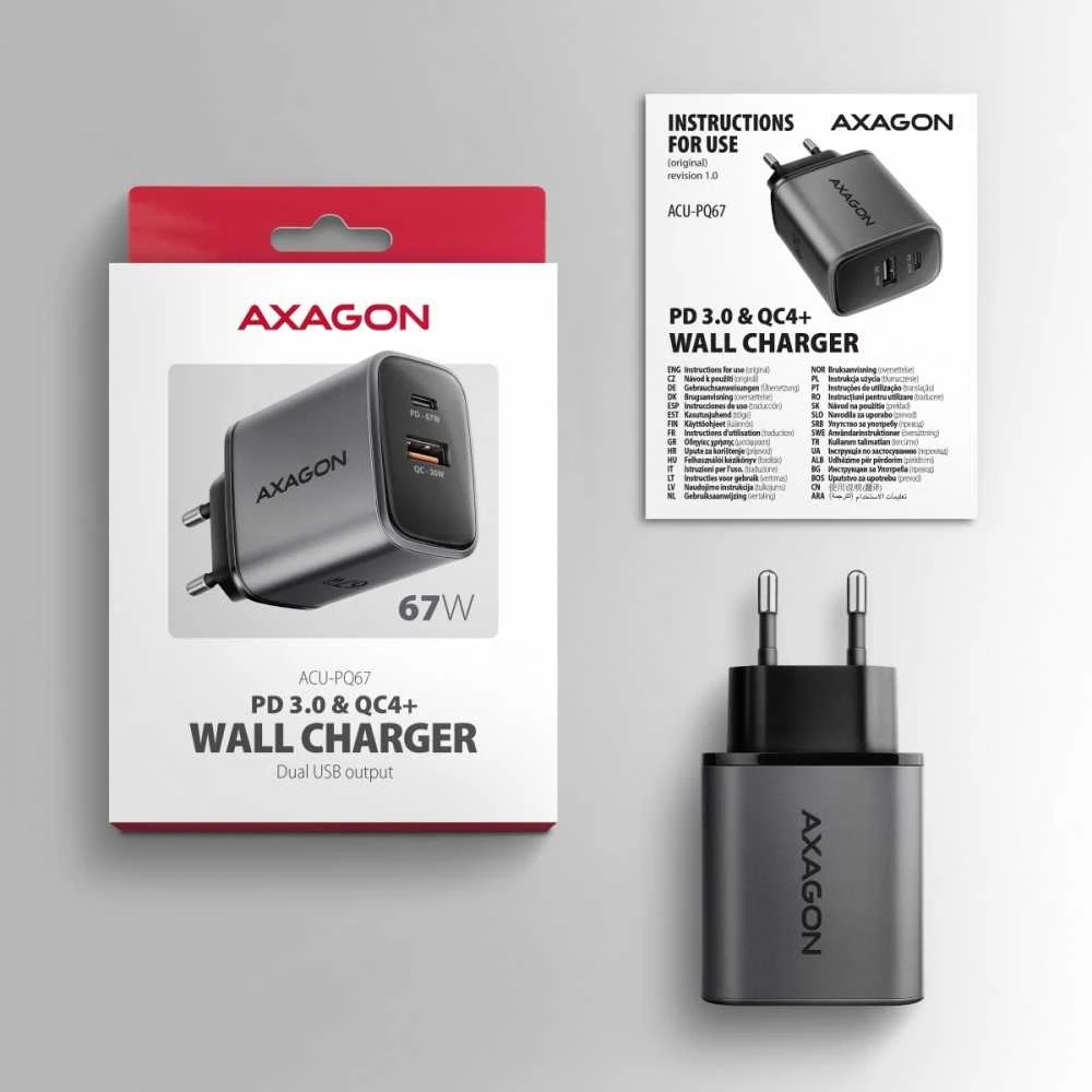 AXAGON sieninis įkroviklis 67 W, 2 prievadai (USB-A + USB-C) PD3.0/PPS/QC4+/SFC 2.0/Apple | ACU-PQ67