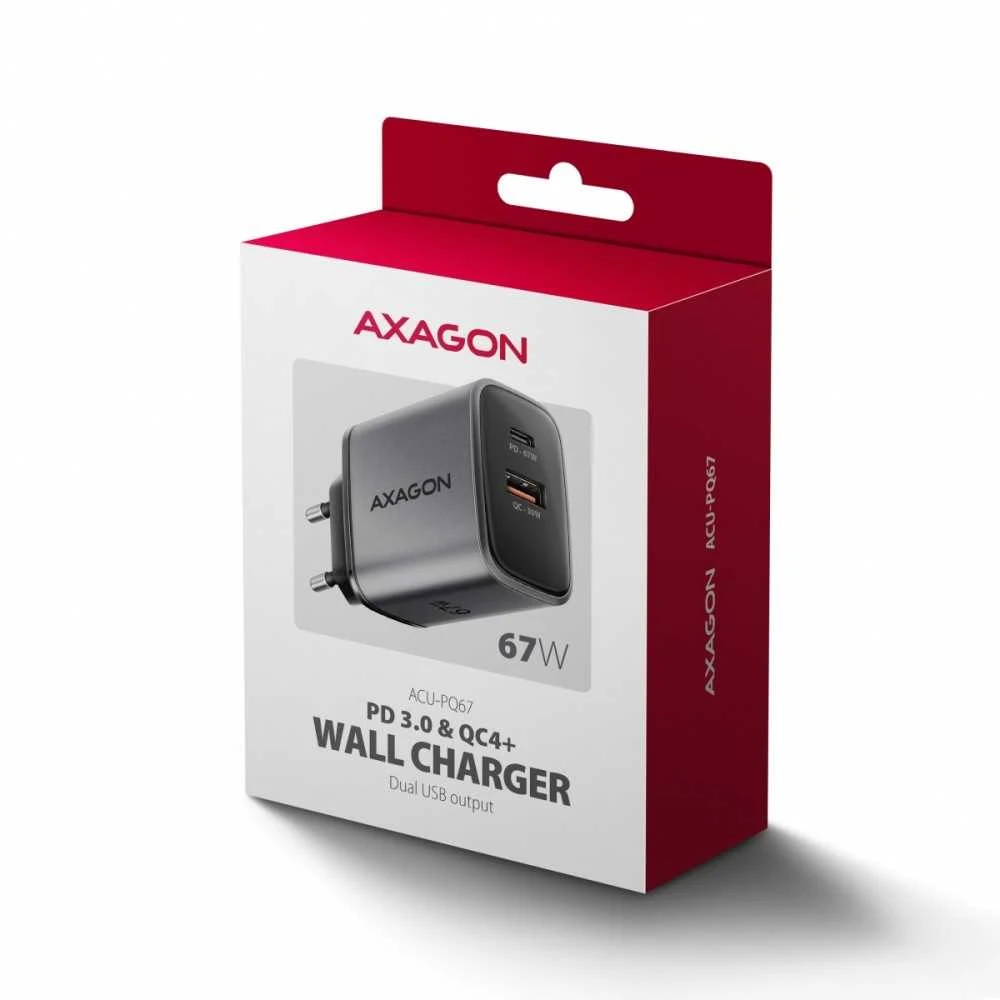 AXAGON sieninis įkroviklis 67 W, 2 prievadai (USB-A + USB-C) PD3.0/PPS/QC4+/SFC 2.0/Apple | ACU-PQ67