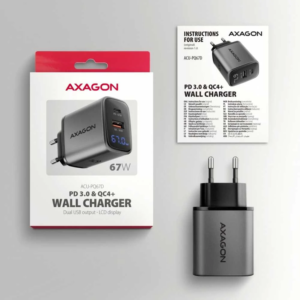 AXAGON sieninis įkroviklis 67 W, USB-A + USB-C, PD3.0/PPS/QC4+/SF | ACU-PQ67D
