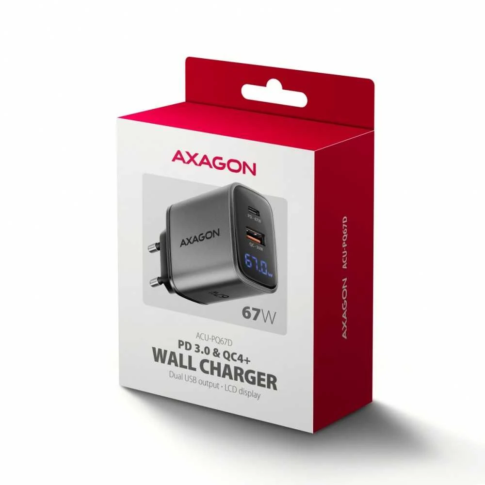 AXAGON sieninis įkroviklis 67 W, USB-A + USB-C, PD3.0/PPS/QC4+/SF | ACU-PQ67D