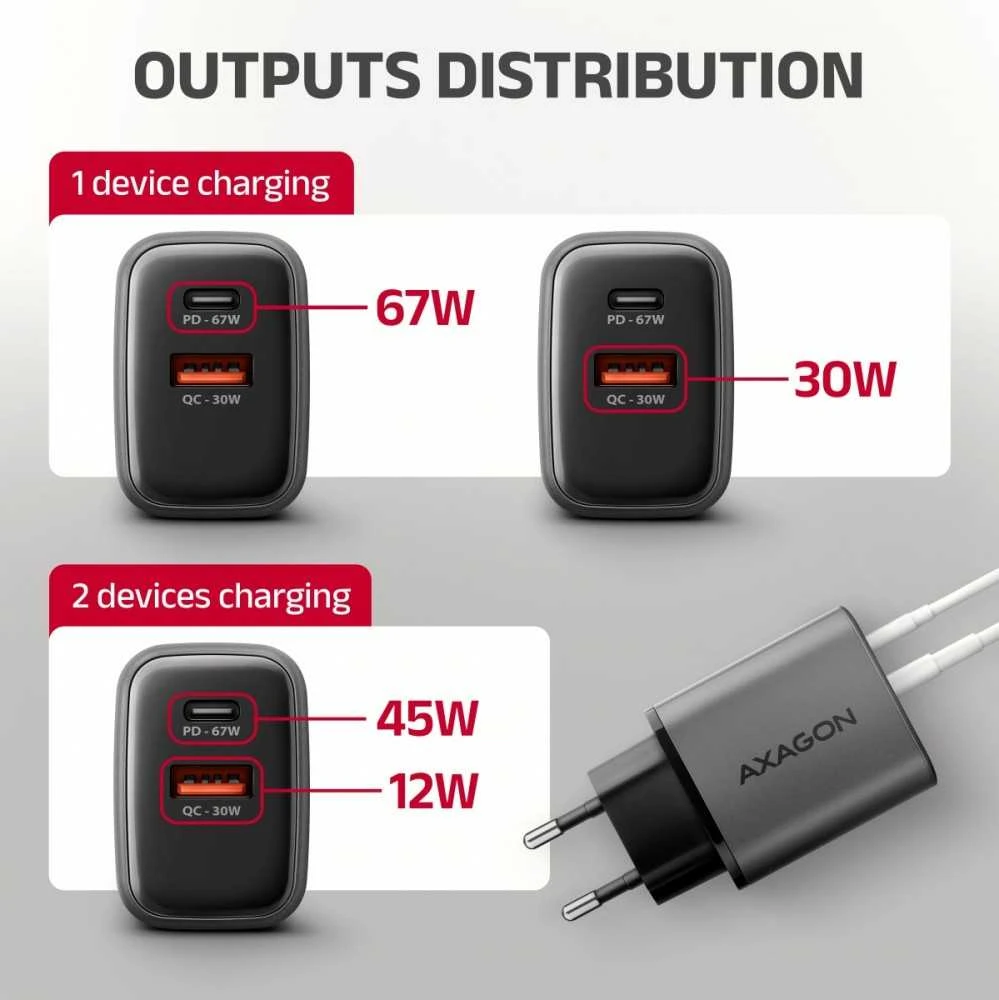 AXAGON sieninis įkroviklis 67 W, USB-A + USB-C, PD3.0/PPS/QC4+/SF | ACU-PQ67D