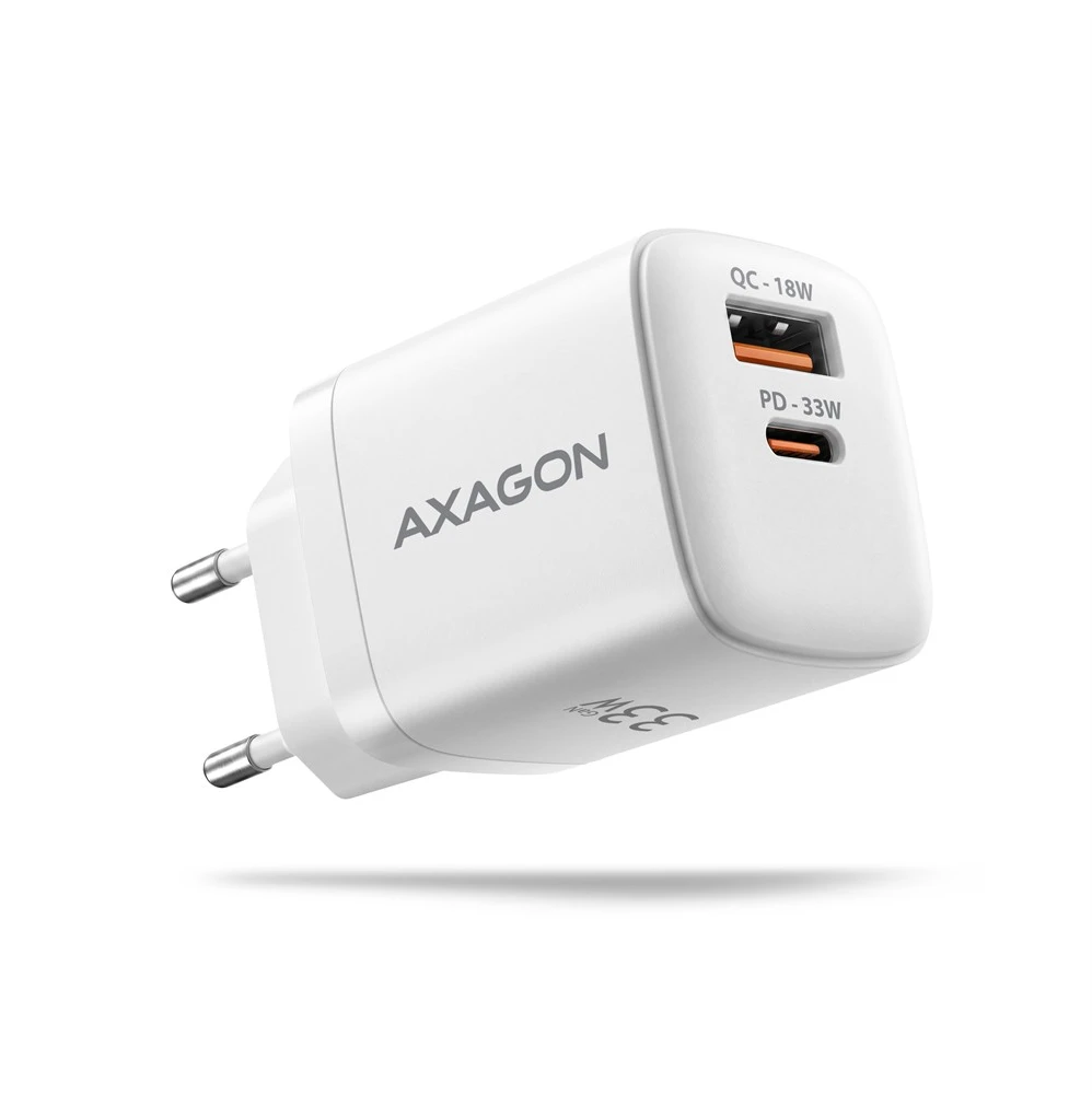 AXAGON ACU-PQ33W, GaN 33 W tinklo įkroviklis, USB-A + USB-C, PD3.0/PPS/QC4+/SFC2.0/Apple, balta