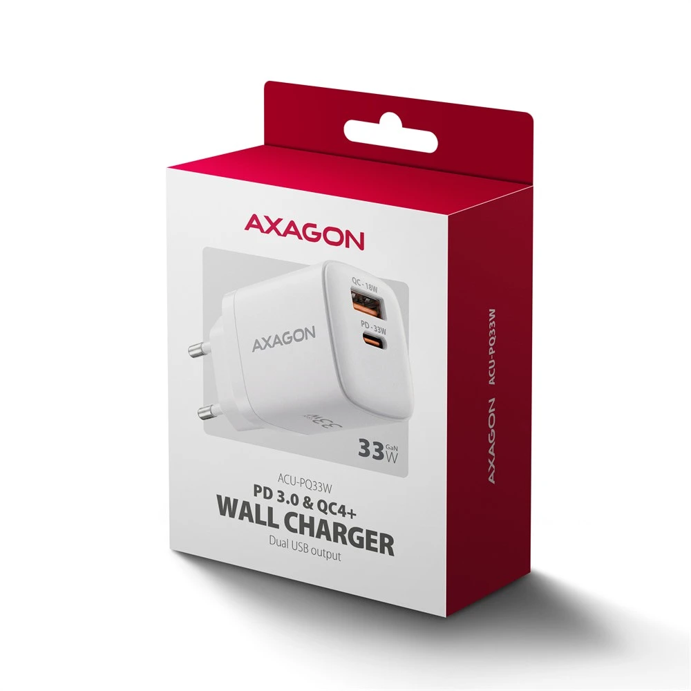 AXAGON ACU-PQ33W, GaN 33 W tinklo įkroviklis, USB-A + USB-C, PD3.0/PPS/QC4+/SFC2.0/Apple, balta