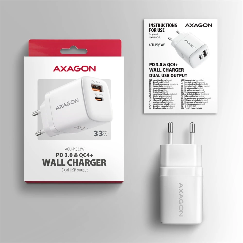 AXAGON ACU-PQ33W, GaN 33 W tinklo įkroviklis, USB-A + USB-C, PD3.0/PPS/QC4+/SFC2.0/Apple, balta