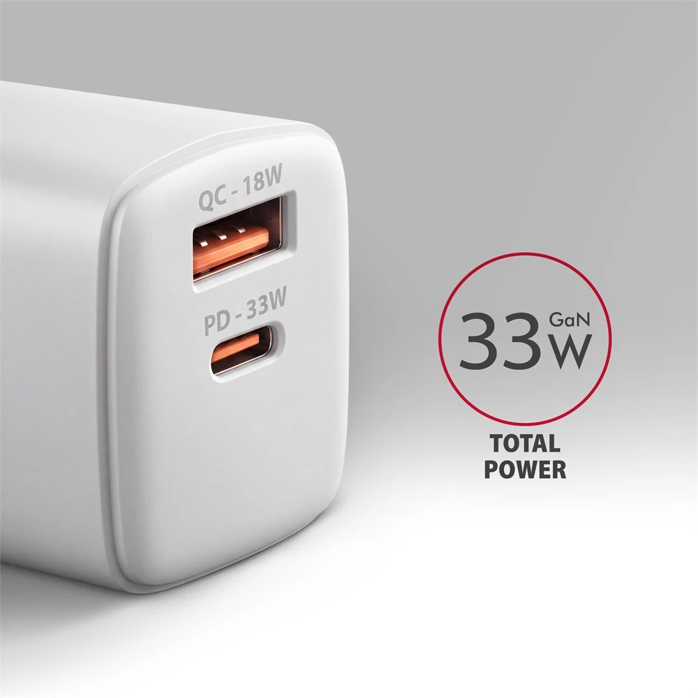 AXAGON ACU-PQ33W, GaN 33 W tinklo įkroviklis, USB-A + USB-C, PD3.0/PPS/QC4+/SFC2.0/Apple, balta