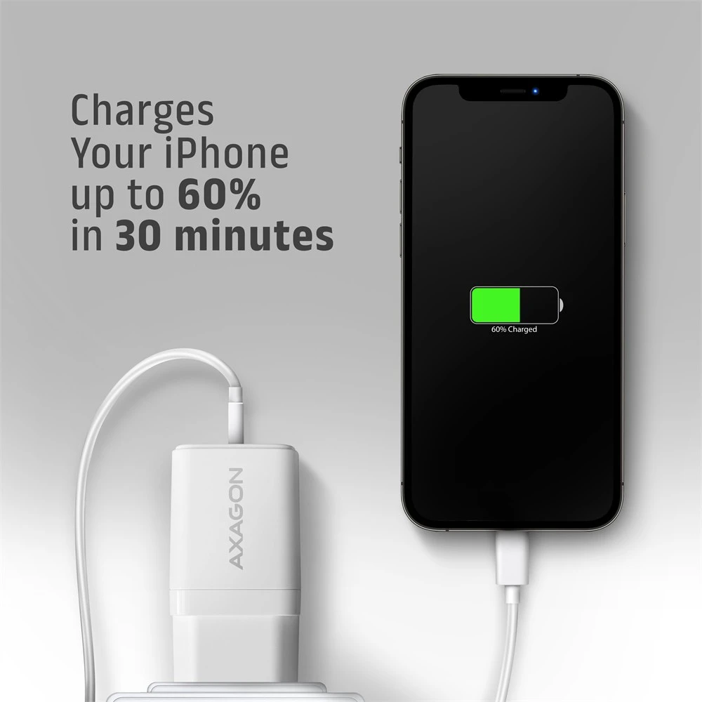 AXAGON ACU-PQ33W, GaN 33 W tinklo įkroviklis, USB-A + USB-C, PD3.0/PPS/QC4+/SFC2.0/Apple, balta