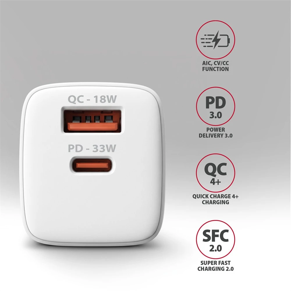 AXAGON ACU-PQ33W, GaN 33 W tinklo įkroviklis, USB-A + USB-C, PD3.0/PPS/QC4+/SFC2.0/Apple, balta