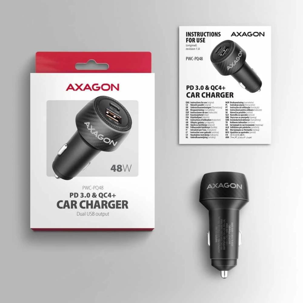 AXAGON automobilinis įkroviklis 48W, USB-A + USB-C, PD3.0/PPS/QC4+/SFC | PWC-PQ48