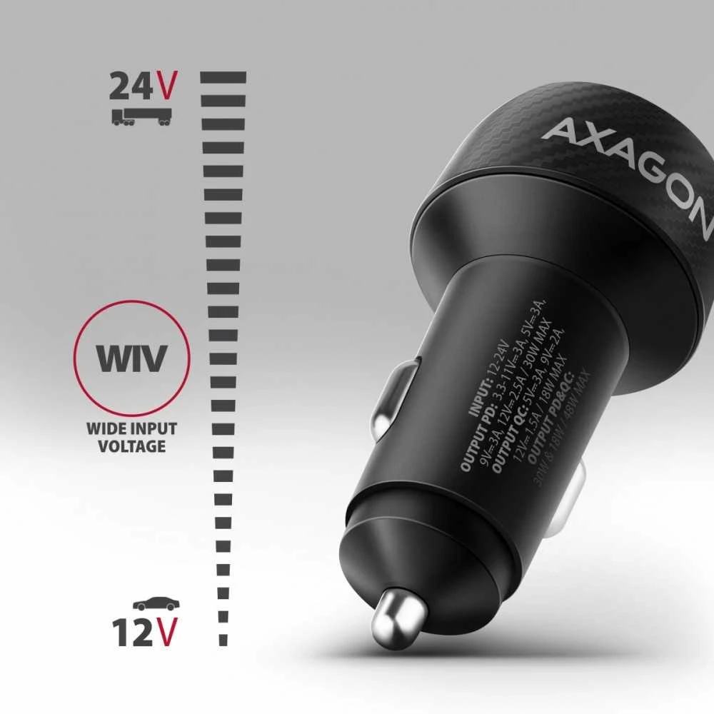 AXAGON automobilinis įkroviklis 48W, USB-A + USB-C, PD3.0/PPS/QC4+/SFC | PWC-PQ48