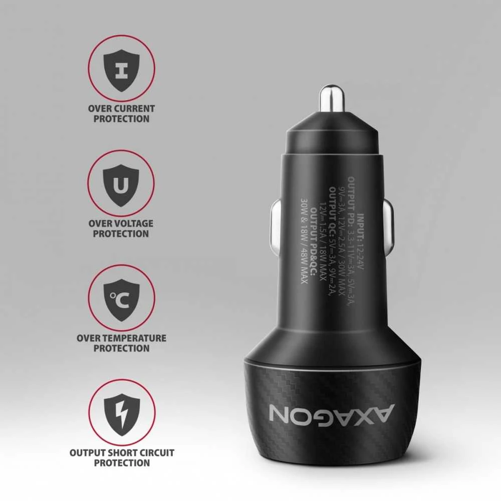 AXAGON automobilinis įkroviklis 48W, USB-A + USB-C, PD3.0/PPS/QC4+/SFC | PWC-PQ48