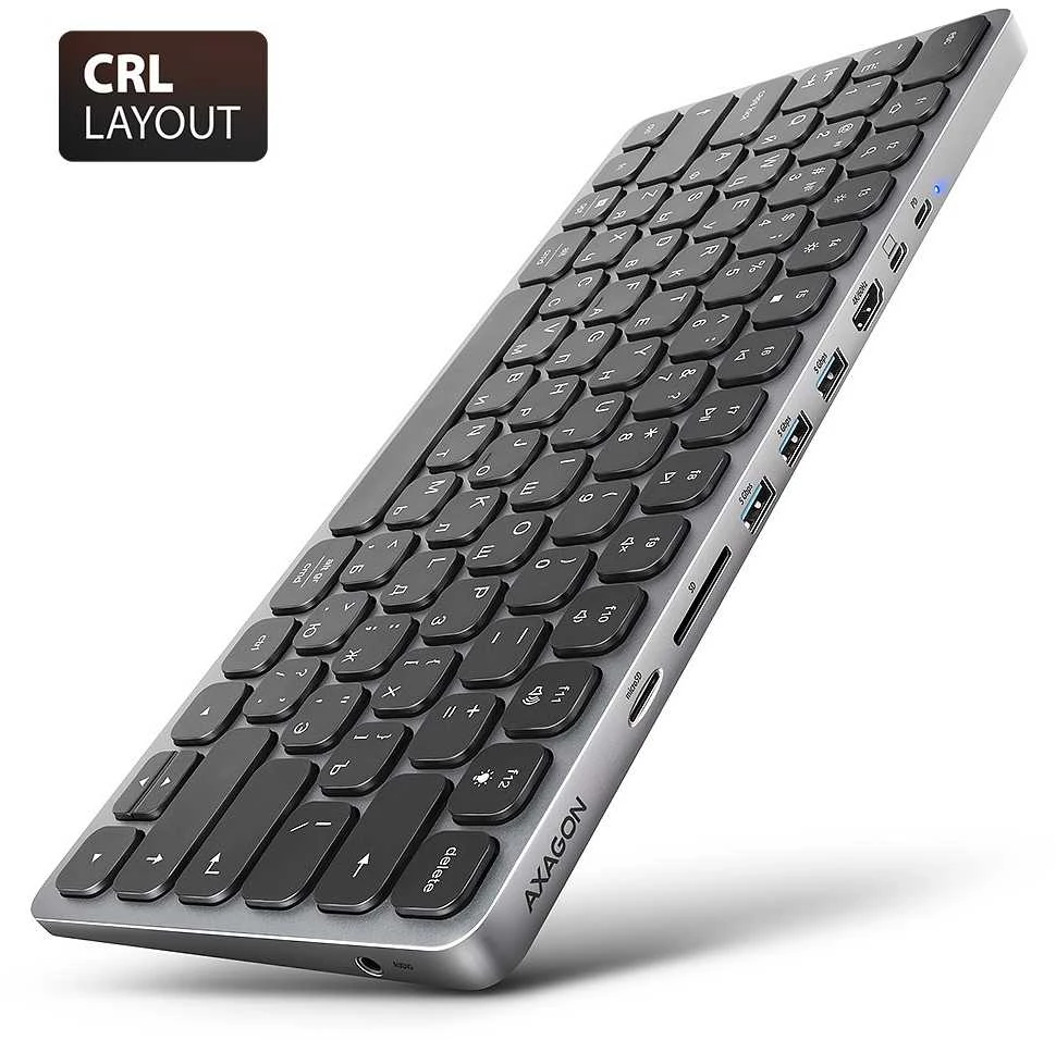 „Axagon HMC-KB-CRL USB-C 5Gbps“ klaviatūra, 9in1 šakotuvas – rusų k. HDMI, PD ir 3 USB-A jungtys. USB-C laidas, 60 cm.