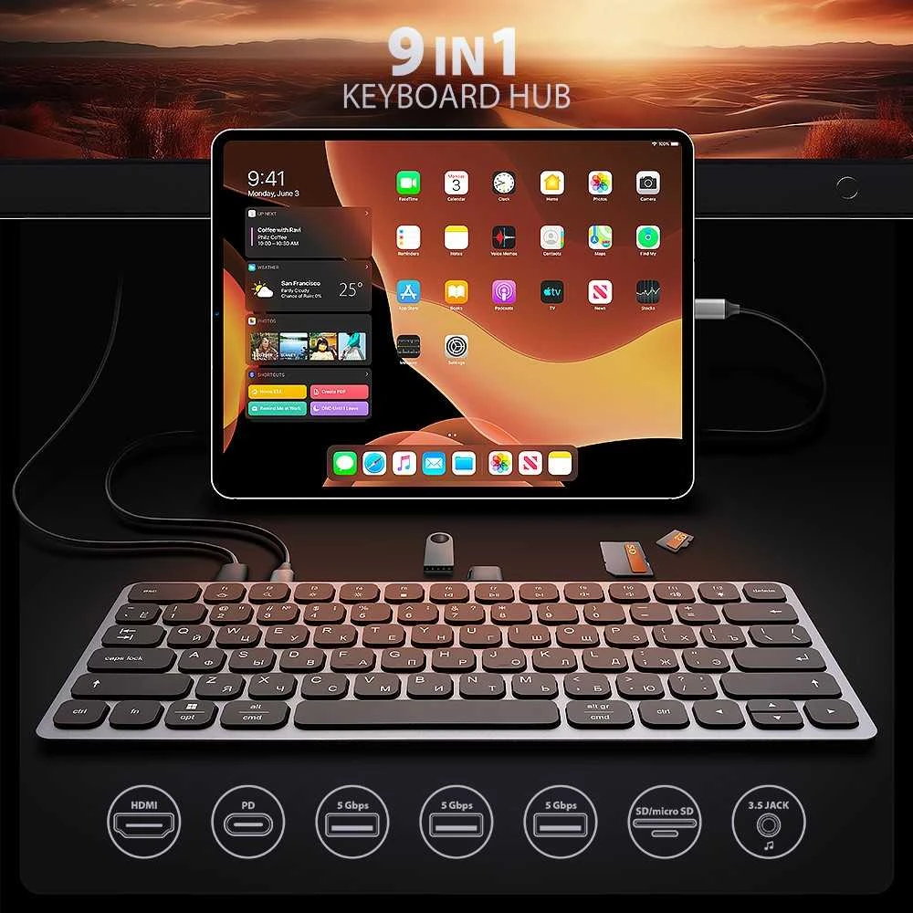 „Axagon HMC-KB-CRL USB-C 5Gbps“ klaviatūra, 9in1 šakotuvas – rusų k. HDMI, PD ir 3 USB-A jungtys. USB-C laidas, 60 cm.