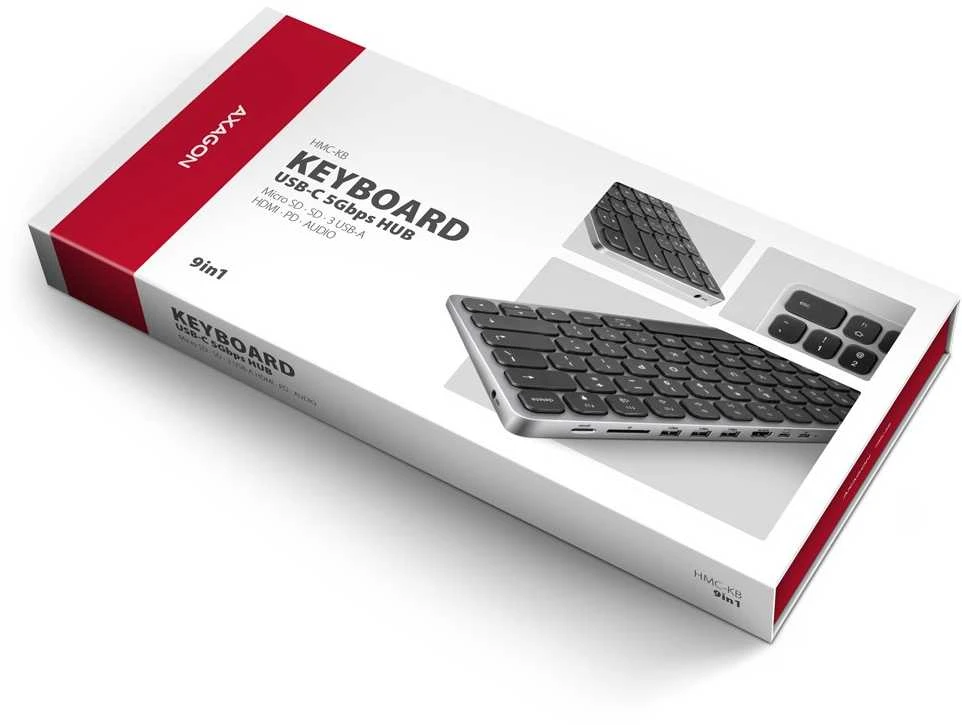„Axagon HMC-KB-NRD“ USB-C 5 Gbps klaviatūra (JAV) 9in1 šakotuvas – Šiaurės šalių. HDMI, PD ir 3 USB-A jungtys. USB-C laidas, 60 cm.