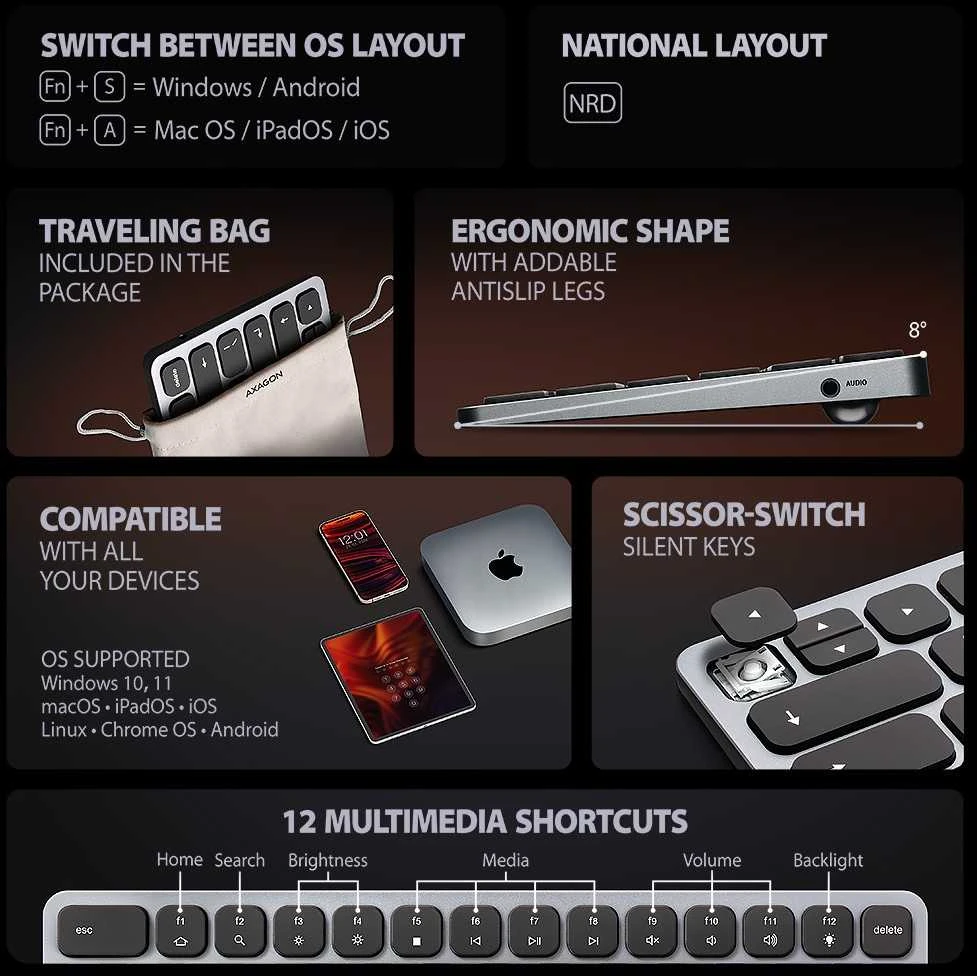 „Axagon HMC-KB-NRD“ USB-C 5 Gbps klaviatūra (JAV) 9in1 šakotuvas – Šiaurės šalių. HDMI, PD ir 3 USB-A jungtys. USB-C laidas, 60 cm.