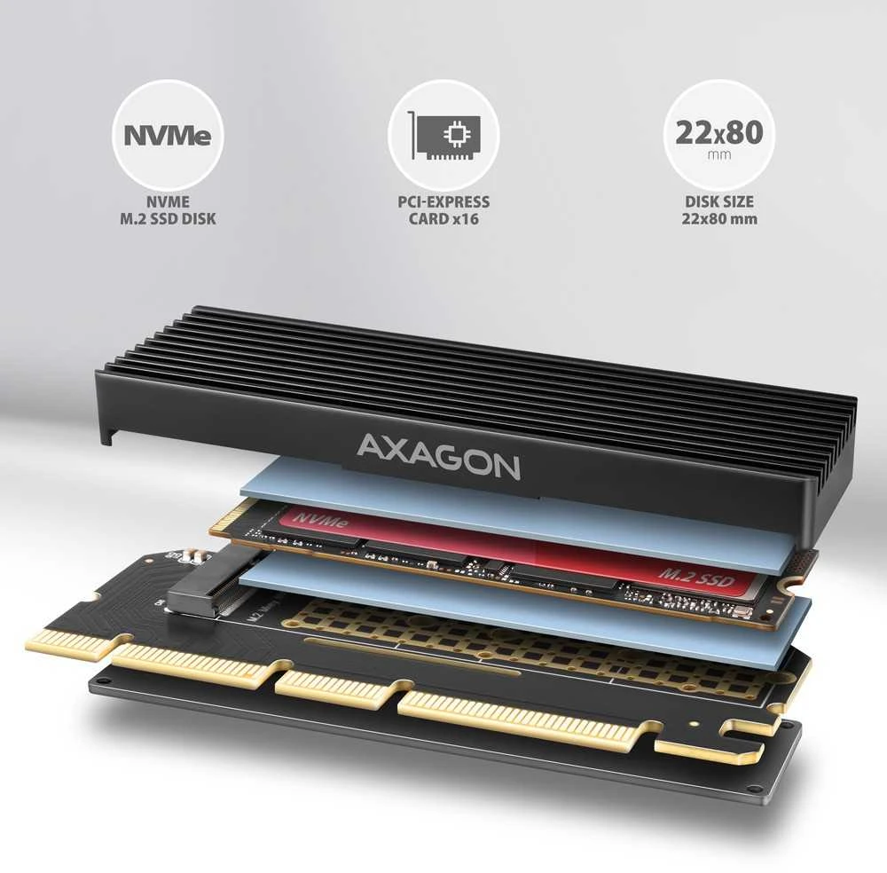 Axagon Pcem2-xs vidinis adapteris pcie x16, m.2 nvme, aušintuvas