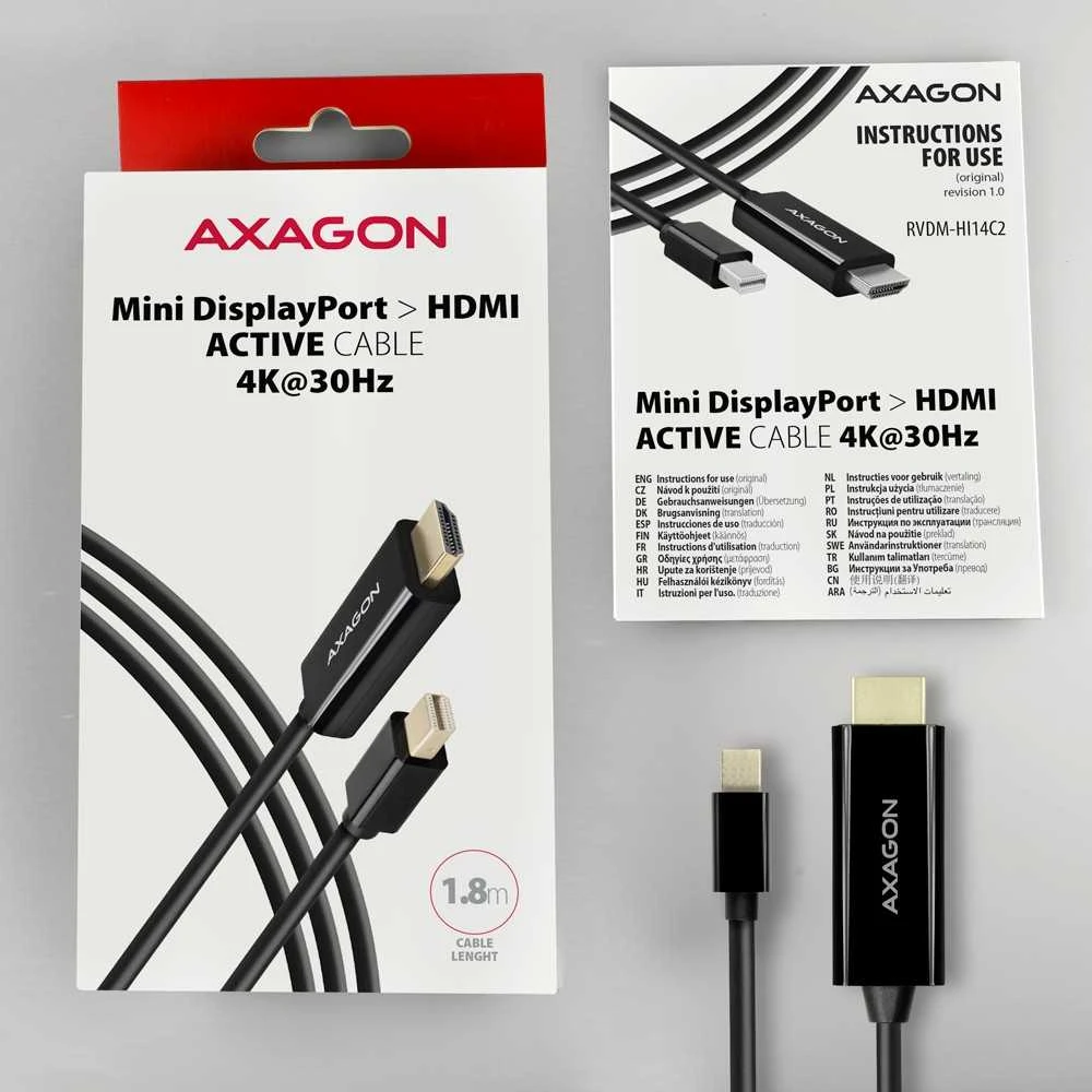 AXAGON RVDM-HI14C2 Mini DisplayPort į HDMI adapterio kabelis, 4K/30 Hz, 180 cm ilgio, juodas