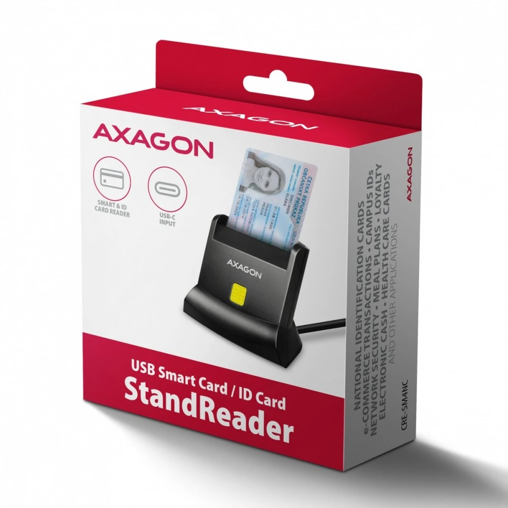 „Axagon CRE-SM4NC“ USB-C išmaniųjų kortelių skaitytuvas. Universalus stalinis USB kontaktinis išmaniųjų ID kortelių skaitytuvas su ilgu USB-C laidu.