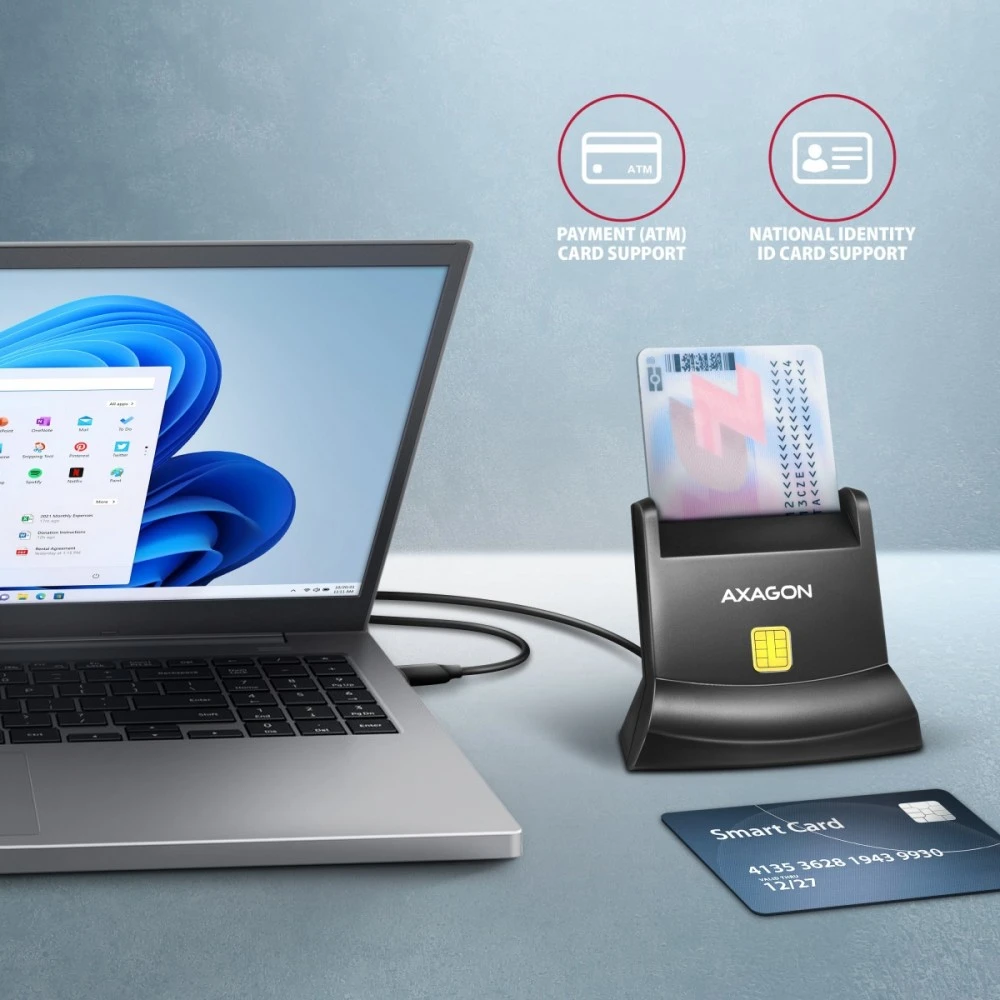 „Axagon CRE-SM4NC“ USB-C išmaniųjų kortelių skaitytuvas. Universalus stalinis USB kontaktinis išmaniųjų ID kortelių skaitytuvas su ilgu USB-C laidu.
