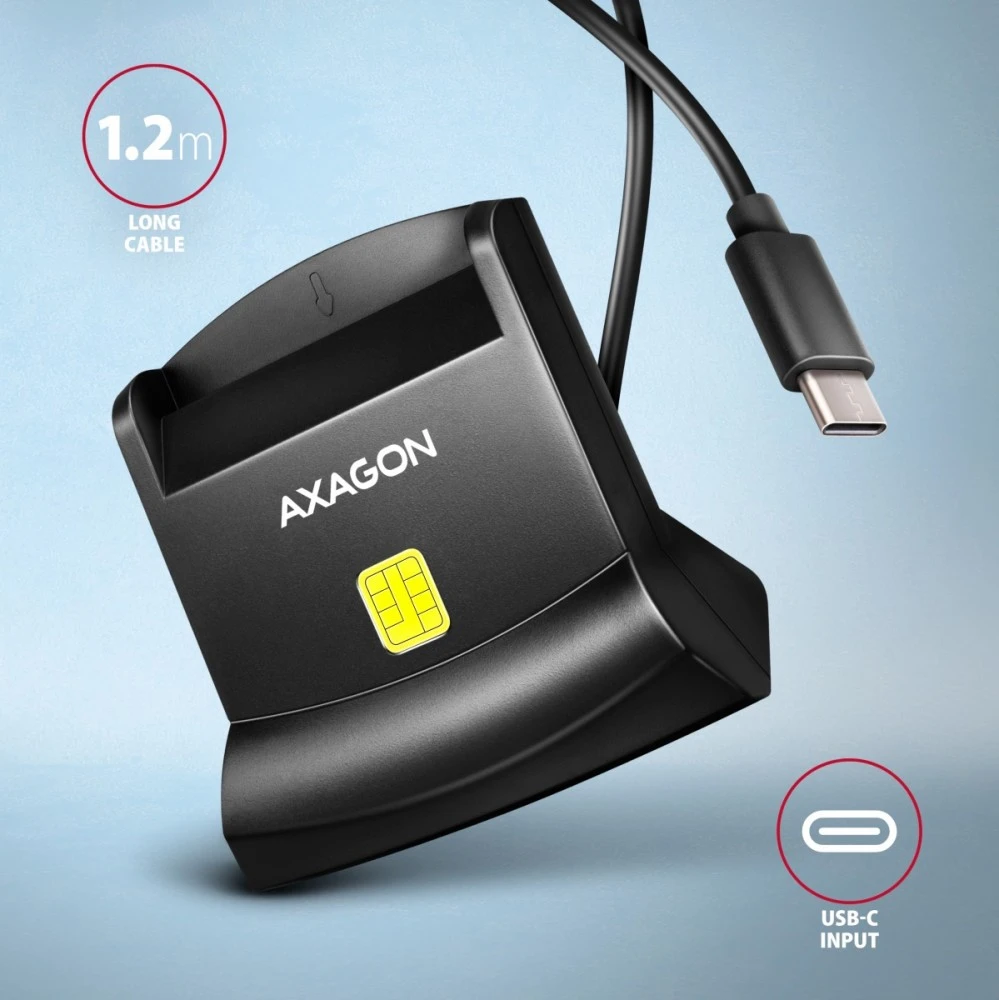 „Axagon CRE-SM4NC“ USB-C išmaniųjų kortelių skaitytuvas. Universalus stalinis USB kontaktinis išmaniųjų ID kortelių skaitytuvas su ilgu USB-C laidu.