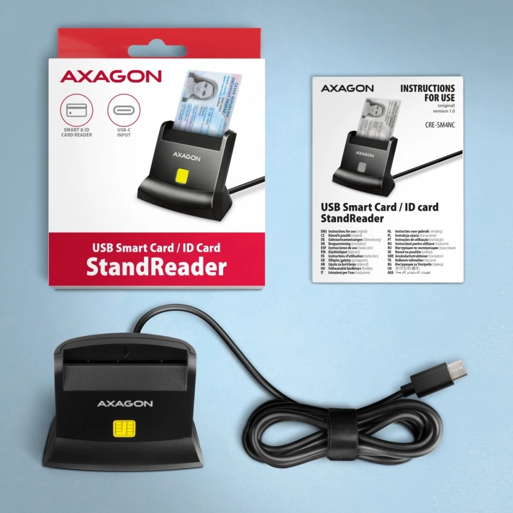 „Axagon CRE-SM4NC“ USB-C išmaniųjų kortelių skaitytuvas. Universalus stalinis USB kontaktinis išmaniųjų ID kortelių skaitytuvas su ilgu USB-C laidu.