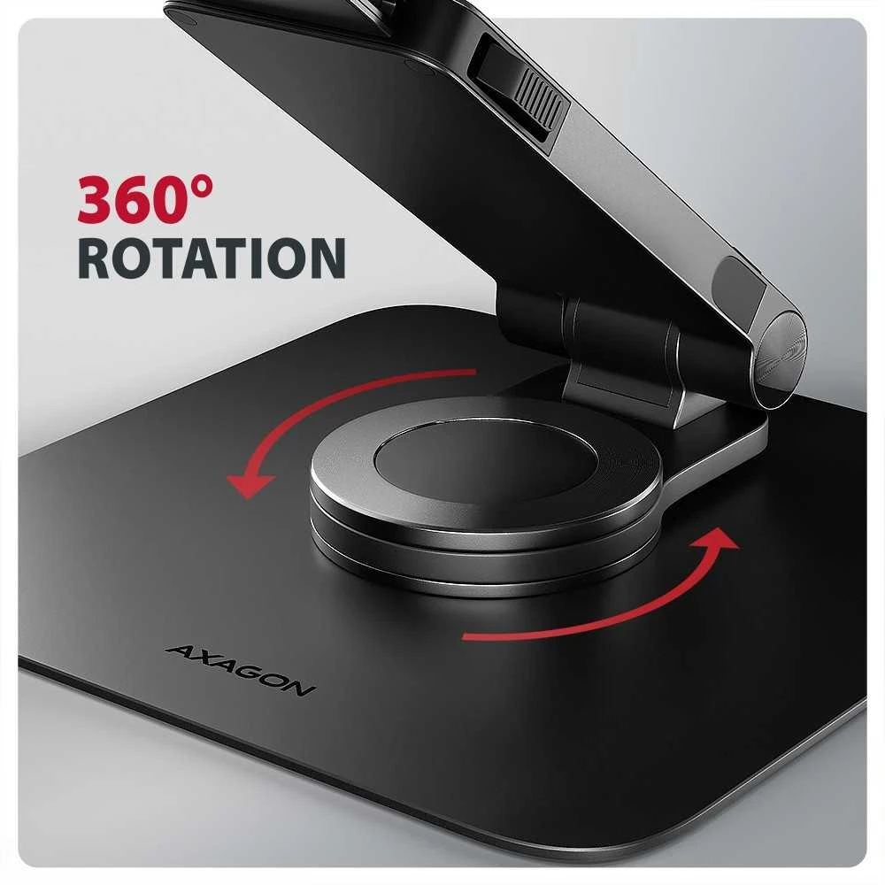 AXAGON STND-LRB stovas nešiojamiesiems kompiuteriams ir planšetiniams kompiuteriams su 360° pasukimu | Reguliuojamas aukštis, kampas | 10–17,3 colio | Maksimalus svoris (talpa) 5kg | Juodas