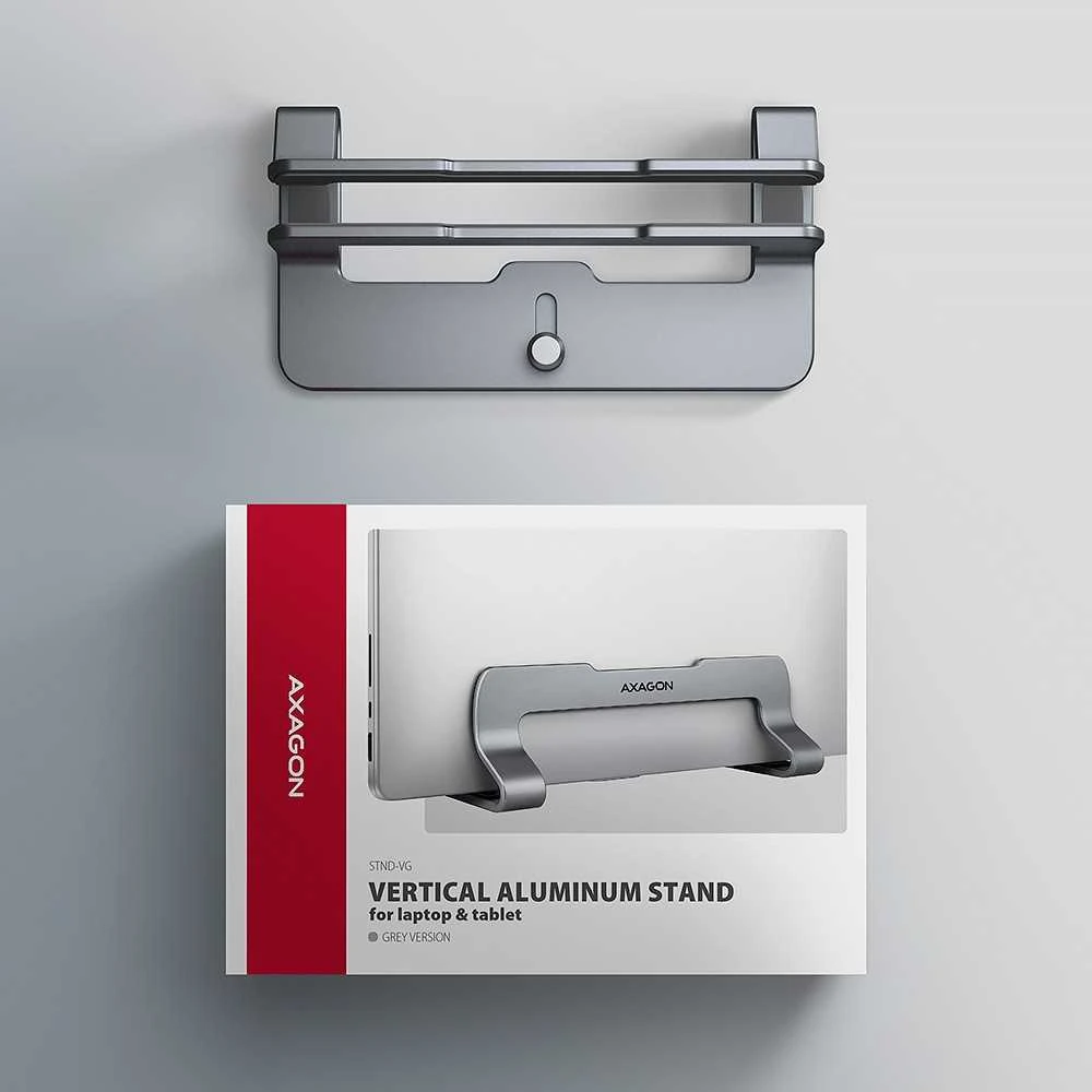 AXAGON STND-VG Vertical Nešiojamas kompiuteris Stand, adjustable width, aliuminio – pilkas