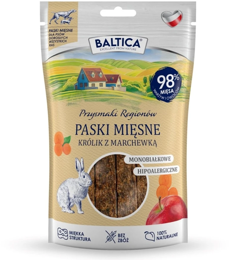 BALTICA Przysmaki Regionów Mėsos juostelės Triušis su morkomis – skanėstas šuniui – 90 g