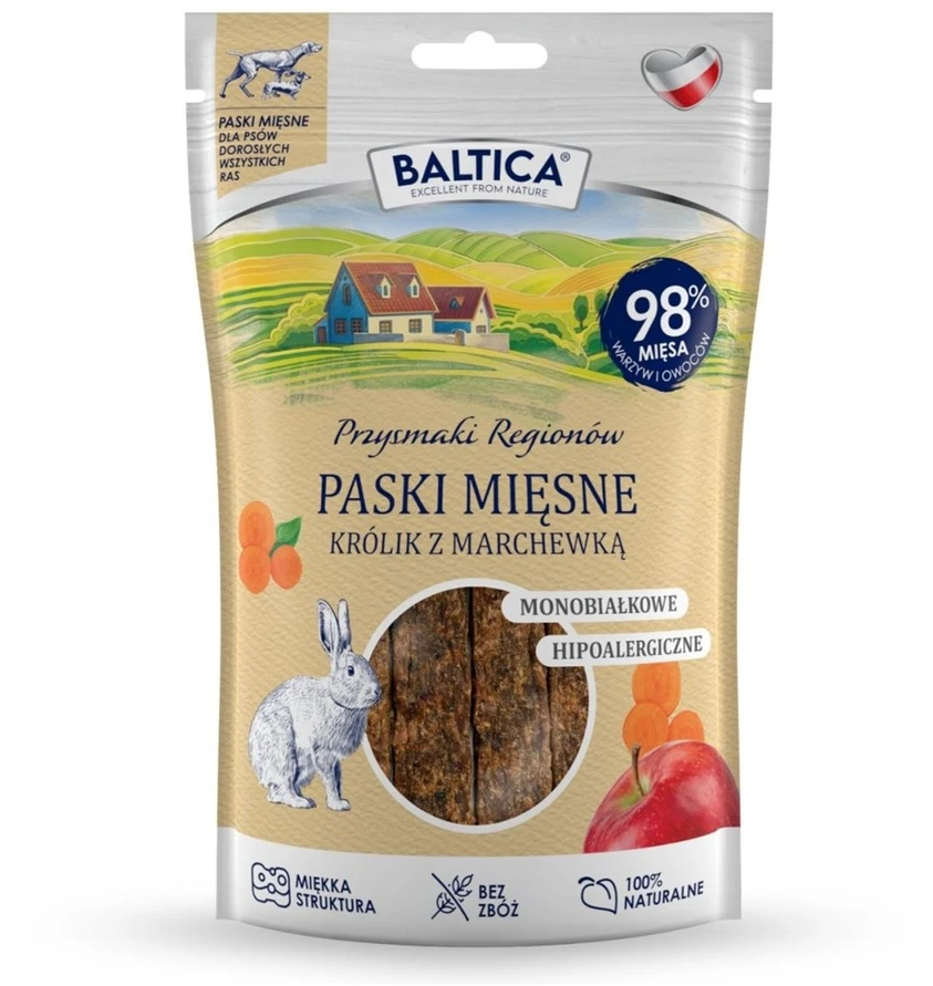 BALTICA Przysmaki Regionów Mėsos juostelės Triušis su morkomis – skanėstas šuniui – 90 g