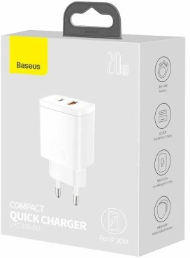 Įkroviklis Baseus Compact Quick Charger 20W USB-C/USB-A baltas CCXJ-B02