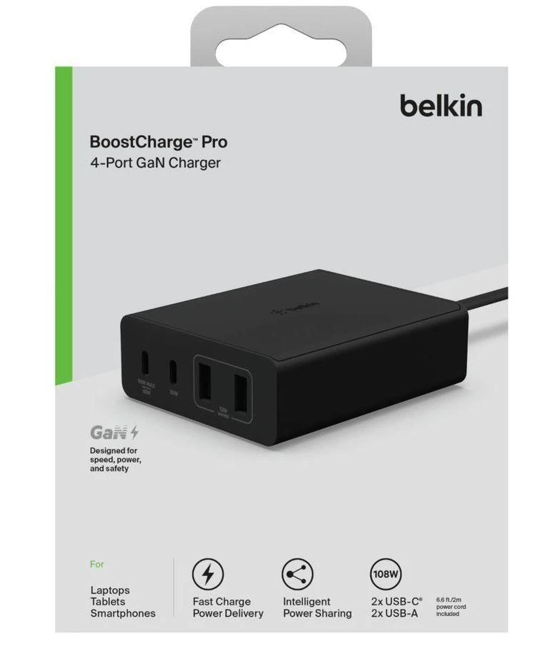 Nešiojamo kompiuterio pakrovėjas - Belkin WCH010vfBK 108W Dual USB-C Greito Įkrovimo 2m Laidas Juodas