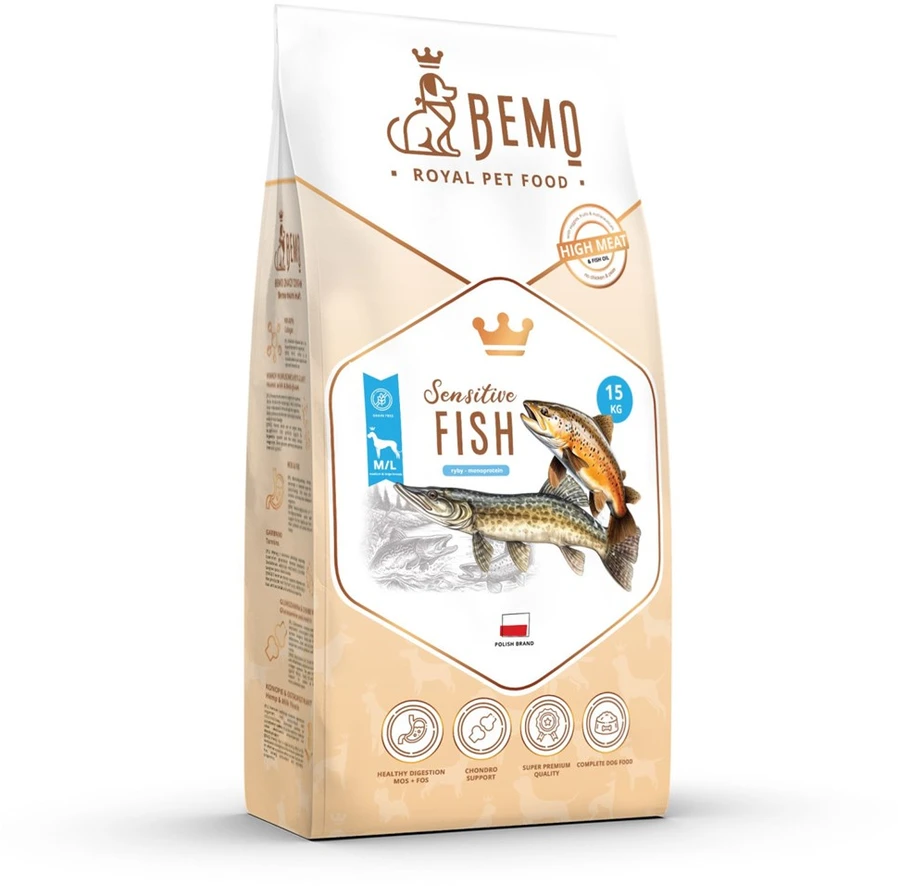 BEMO Sensitive žuvis Medium/Large Mono - sausa šunų priežiūros priemonė - 15kg