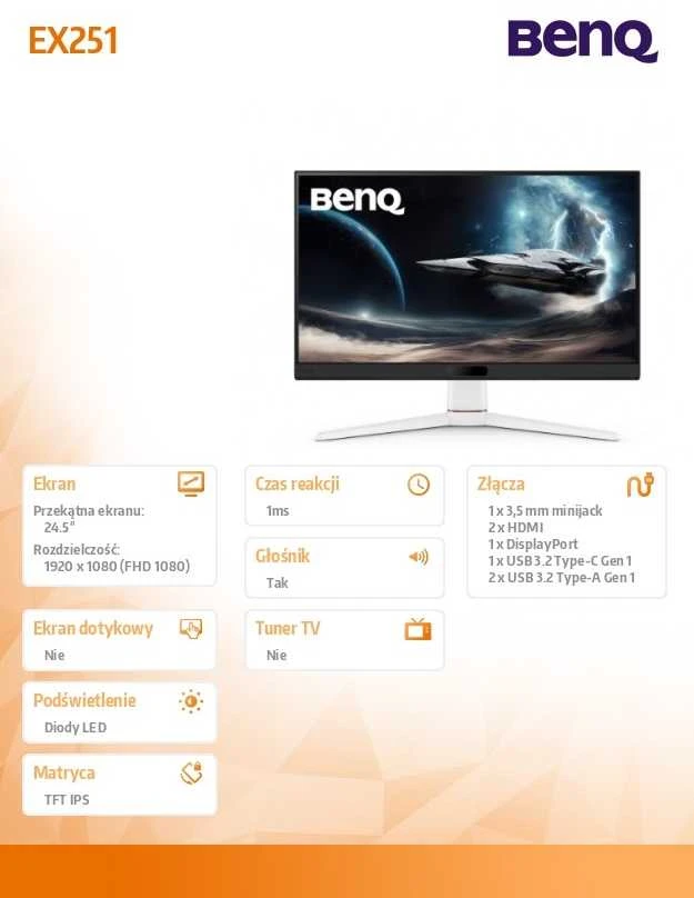 BENQ EX251 24,5 colio IPS FHD 400cd/m2 1ms 220Hz HDMIx2 DP šakotuvas USB garsiakalbiai