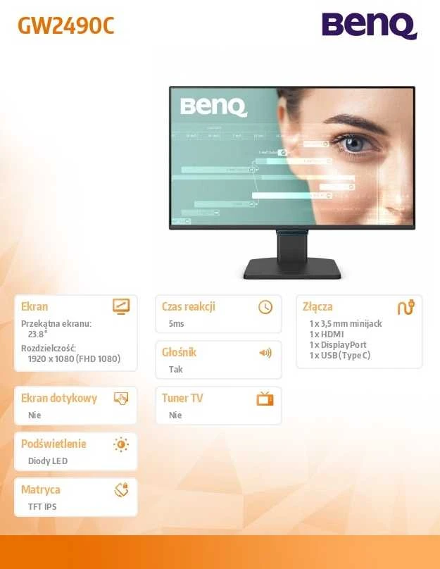 Monitorius BENQ GW2490C 24 colių FHD IPS 144Hz HDMI/DP/Garsiakalbiai/USB-C jungtis