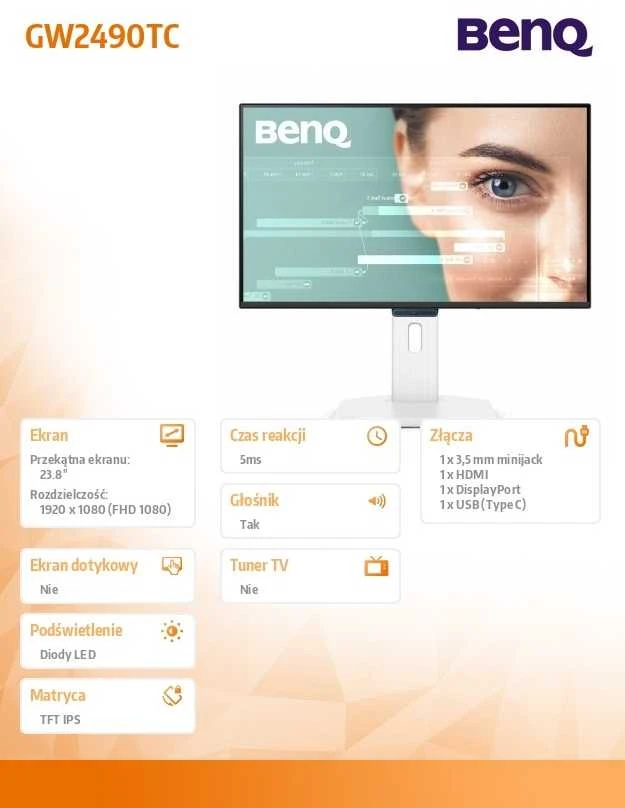 Monitorius BENQ GW2490TC 24" FHD IPS 144HZ HDMI/DP/SPEAKERS/USB-C 20W NÄYTTÖ VALKOINEN