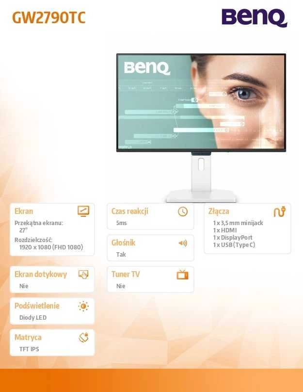 Monitorius BENQ GW2790TC 27" FHD IPS 144HZ HDMI/DP/SPEAKERS/USB-C 20W NÄYTTÖ VALKOINEN
