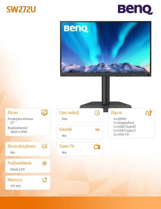 BenQ Monitorius 27 cali sw272u 4k led 5ms/qhd/ips/hdmi