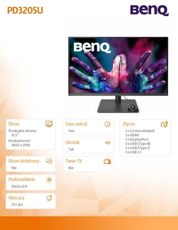 Monitorius BENQ PD3205U 32 colių LED 3840x2160 16:9 350cd/m2 4ms HDMI/DP/USB-C PD90W Juodas