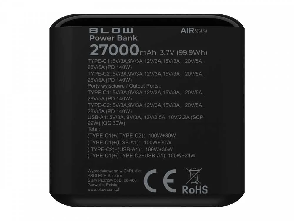 „Blow“ išorinė baterija 27000 mAh PD 140 W, juoda, air99.9