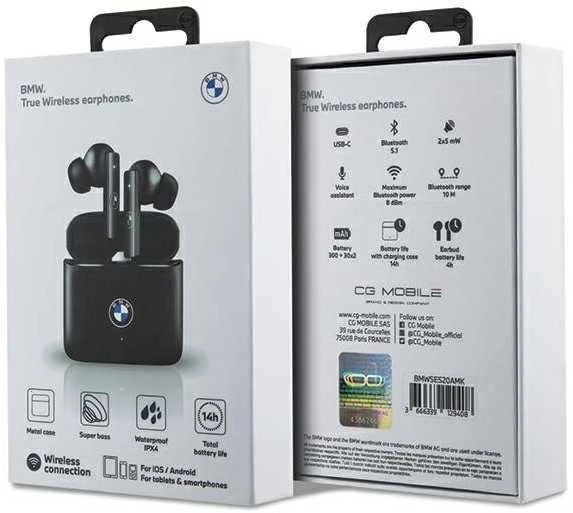 BMW Bluetooth ausinės BMWSES20AMK TWS + įkrovimo stotelė juodos spalvos Signature